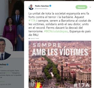 Tuit Pedro Sánchez por el aniversario de los atentados de Cataluña Tuit Pedro Sánchez por el aniversario de los atentados de Cataluña