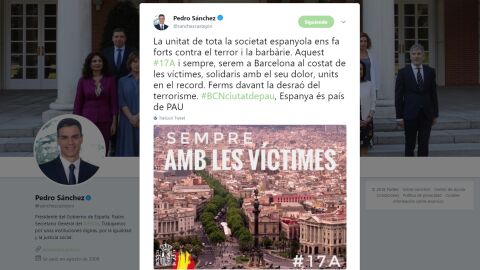 Tuit Pedro S&aacute;nchez por el aniversario de los atentados de Catalu&ntilde;a