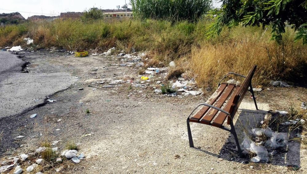 Basura acumulada en una de las paradas de la línea R3 del autobús urbano de Elche 