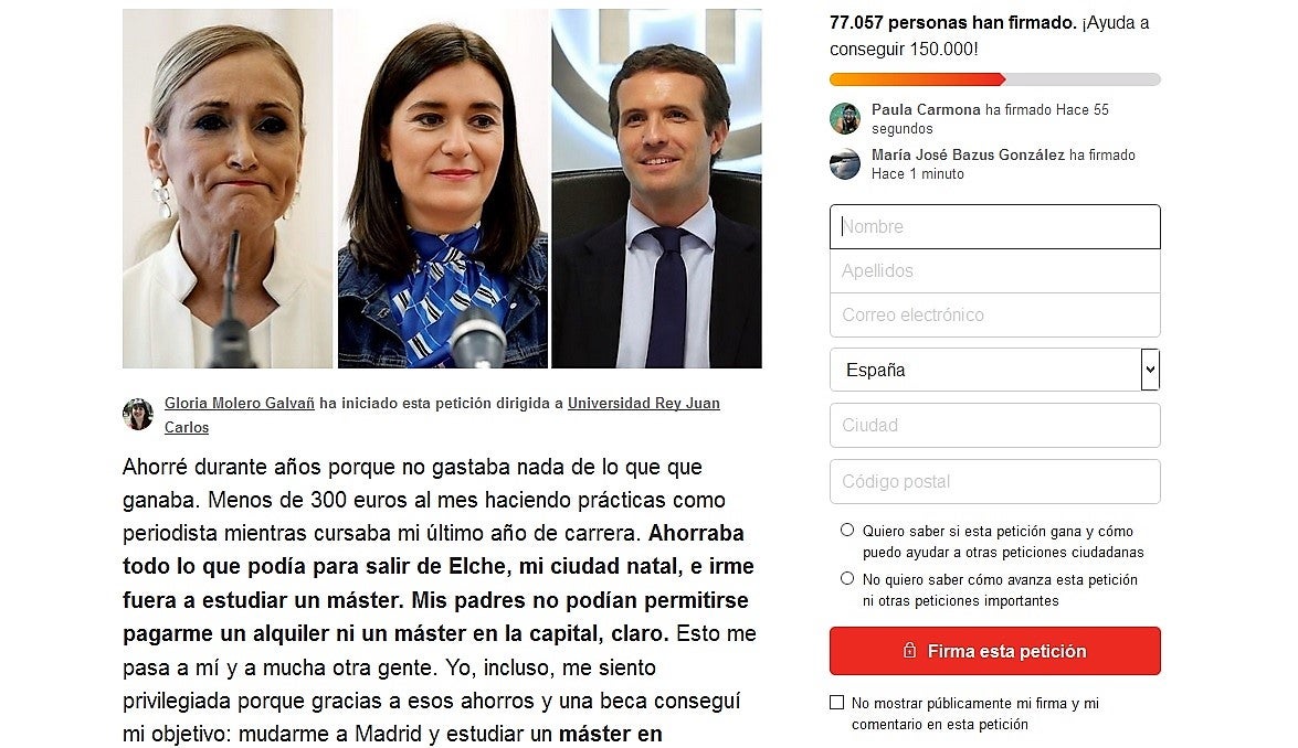 La iniciativa de una estudiante de Elche lleva recogidas más de 77.000 firmas reclamando transparencia a las universidades en torno a los másteres La iniciativa de una estudiante de Elche lleva recogidas más de 77.000 firmas reclamando transparencia a las universidades en torno a los másteres