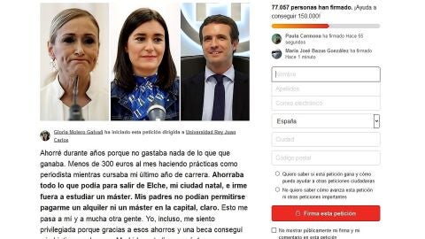 Captura de pantalla de la p&aacute;gina de recogida de firmas en 'Change.org'