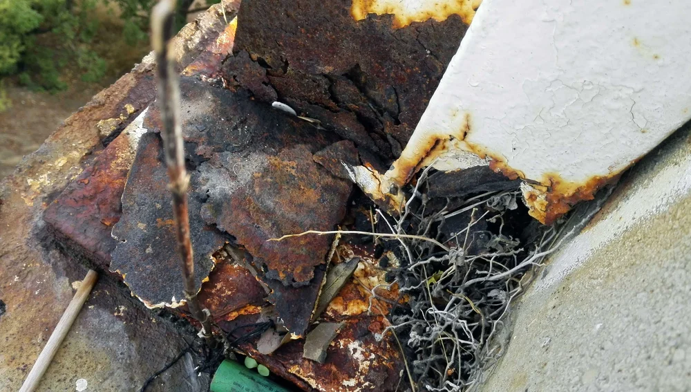 Oxidación en la base de la barandilla del puente del Ferrocarril de Elche Oxidación en la base de la barandilla del puente del Ferrocarril de Elche