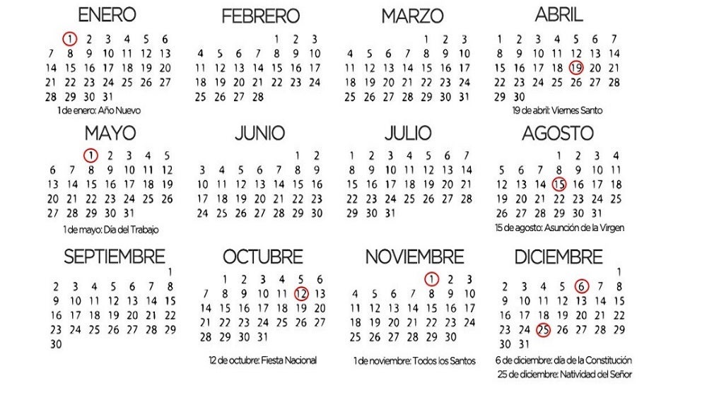 El calendario laboral de 2019 tendrá 12 días festivos, 8 comunes en toda España con dos puentes El calendario laboral de 2019 tendrá 12 días festivos, 8 comunes en toda España con dos puentes