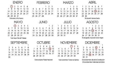 Imagen del calendario laboral de 2019