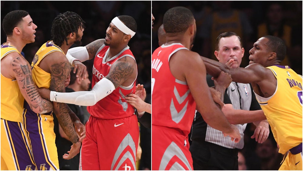 Momento de la pelea que tuvo lugar en el Lakers-Rockets