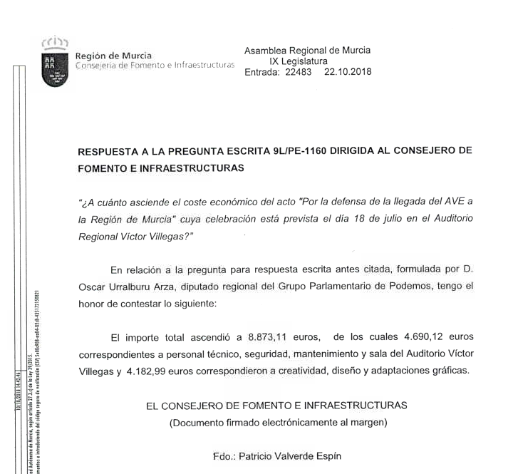 El gobierno regional gastó 8.800 euros en acto "Por la defensa de la llegada del AVE a la región de Murcia" del pasado 18 julio en el Auditorio Víctor Villegas El gobierno regional gastó 8.800 euros en acto "Por la defensa de la llegada del AVE a la región de Murcia" del pasado 18 julio en el Auditorio Víctor Villegas