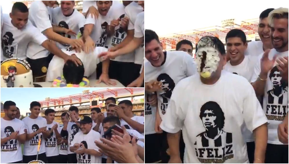 Maradona acaba con la cara metida en una tarta en la celebración de su 58 cumpleaños Maradona acaba con la cara metida en una tarta en la celebración de su 58 cumpleaños