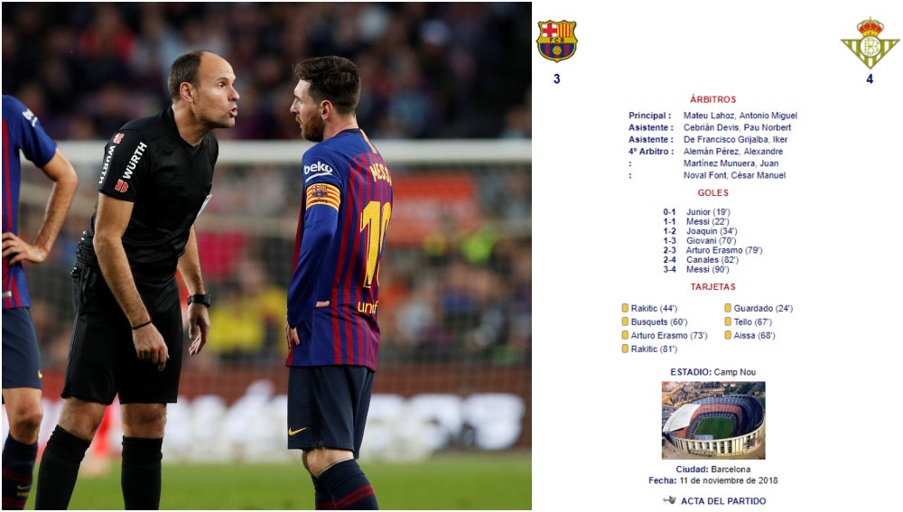 El acta de Mateu Lahoz con el gol de Messi que nadie vio durante el Barcelona - Betis El acta de Mateu Lahoz con el gol de Messi que nadie vio durante el Barcelona - Betis