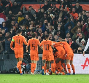 Los jugadores holandeses celebran el gol a Francia Los jugadores holandeses celebran el gol a Francia