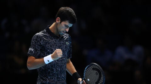 Novak Djokovic levanta el pu&ntilde;o para celebrar su victoria
