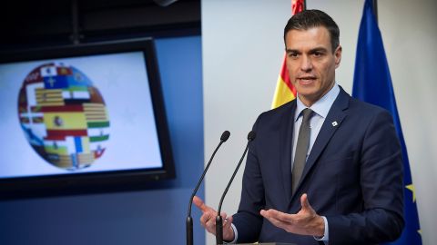 El presidente del Gobierno, Pedro S&aacute;nchez, durante la rueda de prensa ofrecida al t&eacute;rmino del Consejo Europeo de Bruselas