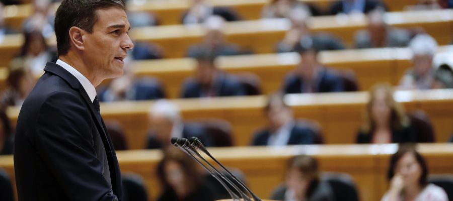 El presidente del Gobierno, Pedro Sánchez , durante su comparecencia en sesión plenaria del Senado. El presidente del Gobierno, Pedro Sánchez , durante su comparecencia en sesión plenaria del Senado.