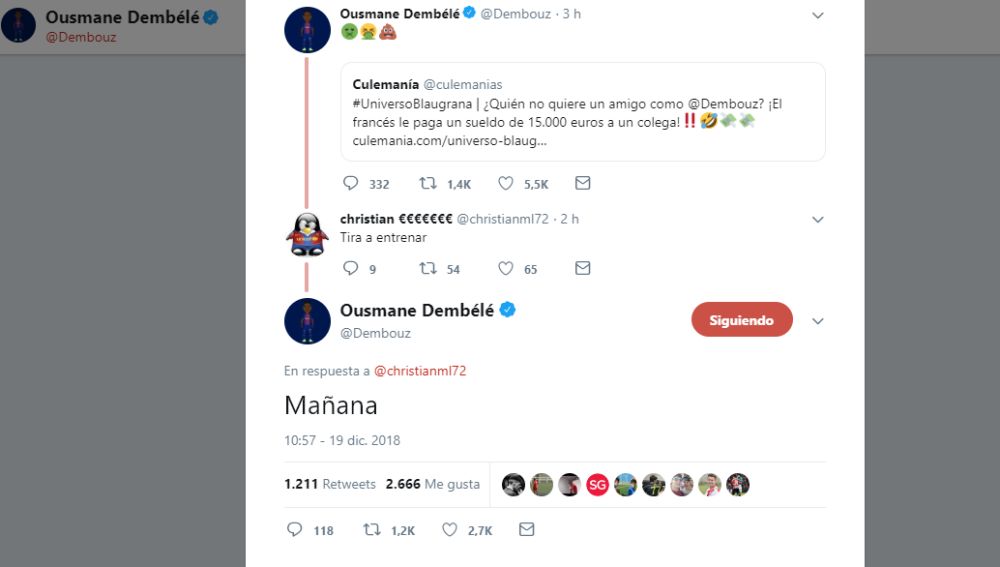 Dembelé contesta a un tuitero