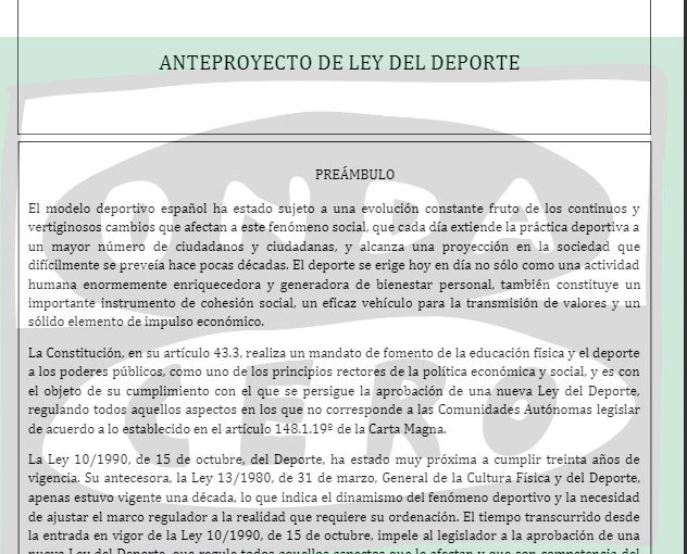 EXCLUSIVA El borrador de anteproyecto de ley del Deporte que quiere implantar el Gobierno EXCLUSIVA El borrador de anteproyecto de ley del Deporte que quiere implantar el Gobierno