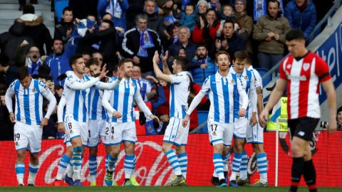 La Real Sociedad celebra un gol ante el Athletic