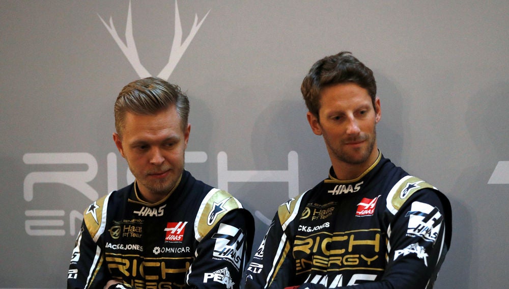 Magnussen y Romain Grosjean, en la presentación del Haas