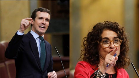El l&iacute;der del PP, Pablo Casado, y la ministra de Hacienda, Mar&iacute;a Jes&uacute;s Montero