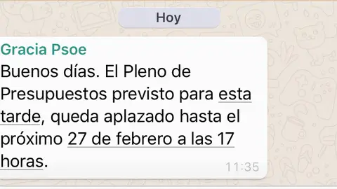 El PP ha hecho público el Whatsapp enviado por el equipo de Gobierno El PP ha hecho público el Whatsapp enviado por el equipo de Gobierno