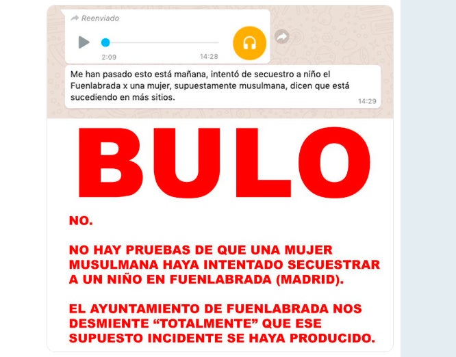 El bulo de que una mujer musulmana ha intentado secuestrar a un niño en Fuenlabrada El bulo de que una mujer musulmana ha intentado secuestrar a un niño en Fuenlabrada