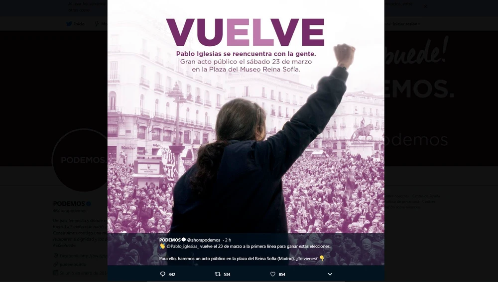 Imagen del tuit borrado de Podemos para anunciar la vuelta de Pablo Iglesias