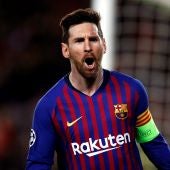 Leo Messi celebra un gol ante el Olympique de Lyon