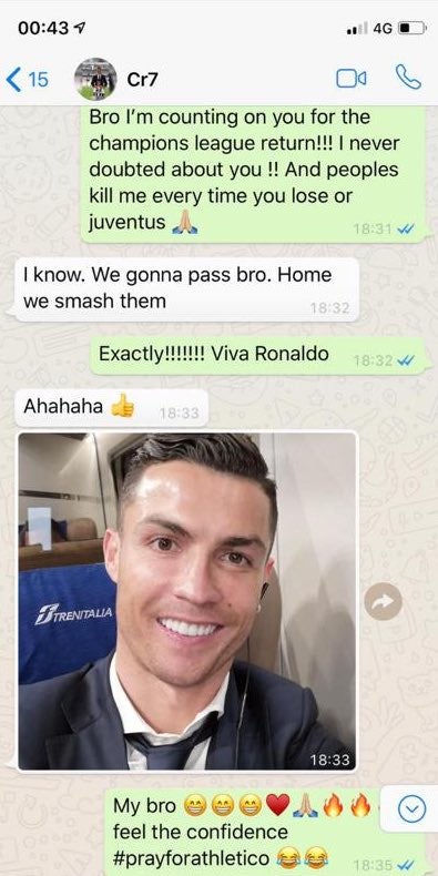 Desvelan los WhatsApp de Cristiano Ronaldo antes de la remontada al Atleti Desvelan los WhatsApp de Cristiano Ronaldo antes de la remontada al Atleti