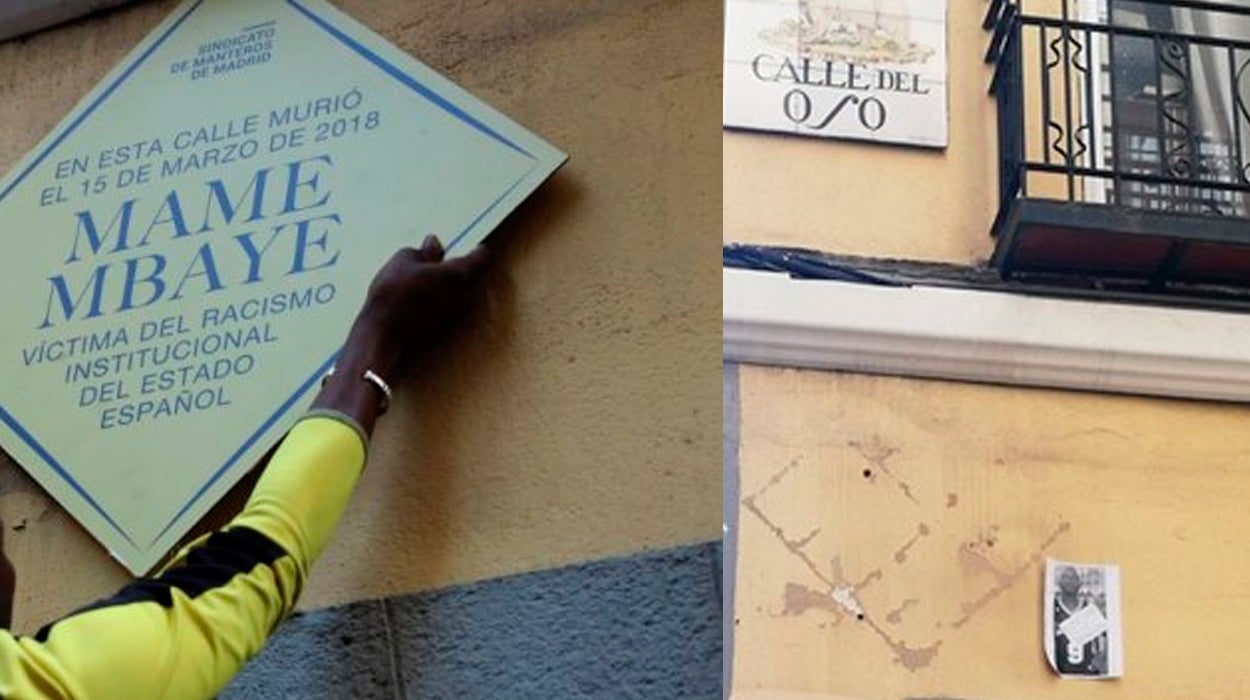 Retiran la placa 'simbólica' colocada en Lavapiés por el mantero Mbaye fallecido hace un año Retiran la placa 'simbólica' colocada en Lavapiés por el mantero Mbaye fallecido hace un año