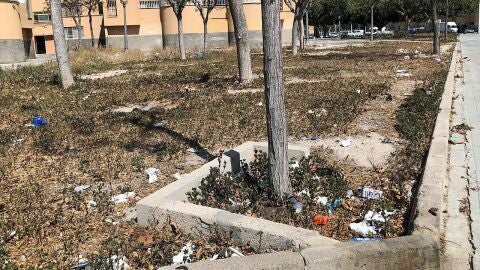 Suciedad acumulada en el Parque de la Dona del barrio Los Palmerales de Elche. 