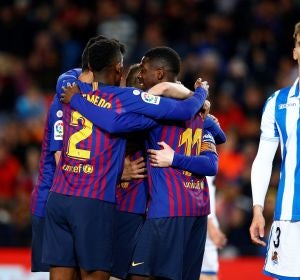 Los jugadores del Barcelona celebran un gol ante la Real Sociedad Los jugadores del Barcelona celebran un gol ante la Real Sociedad