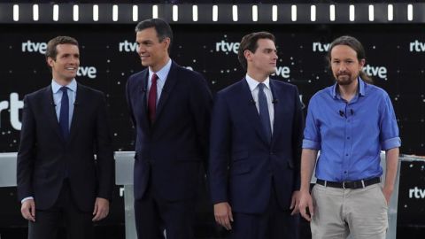 Pablo Casado, Pedro S&aacute;nchez, Albert Rivera y Pablo Iglesias en el debate de RTVE