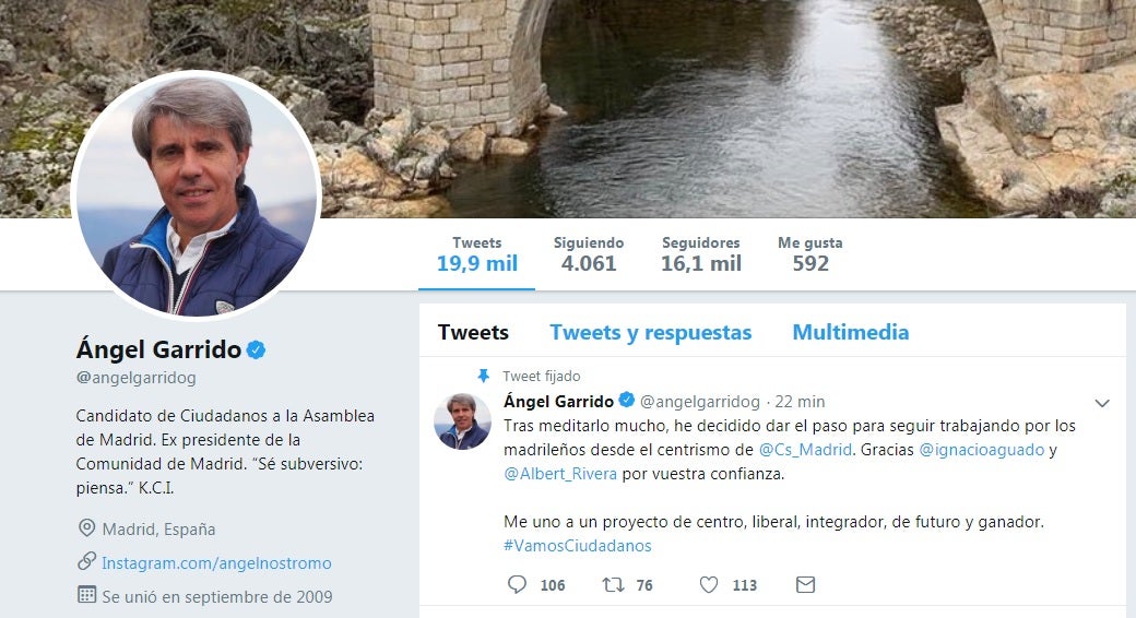 Garrido ya aparece como "candidato de Ciudadanos" en su perfil de Twitter Garrido ya aparece como "candidato de Ciudadanos" en su perfil de Twitter