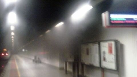 Un tren accede a la estaci&oacute;n Elche-Parque de Renfe en medio de una concentraci&oacute;n de humo.