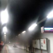 Un tren accede a la estación Elche-Parque de Renfe en medio de una concentración de humo.