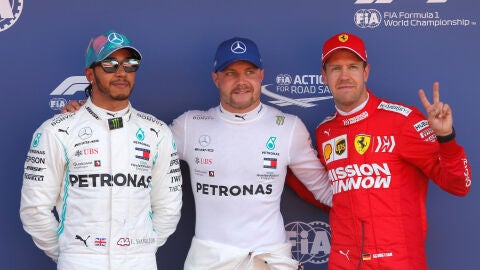 Hamilton, Bottas y Vettel, tras la clasificaci&oacute;n del GP de Espa&ntilde;a
