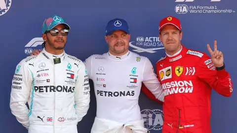 Hamilton, Bottas y Vettel, tras la clasificación del GP de España Hamilton, Bottas y Vettel, tras la clasificación del GP de España