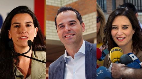 Roc&iacute;o Monasterio (Vox), Ignacio Aguado (Cs) e Isabel D&iacute;az Ayuso (PP)