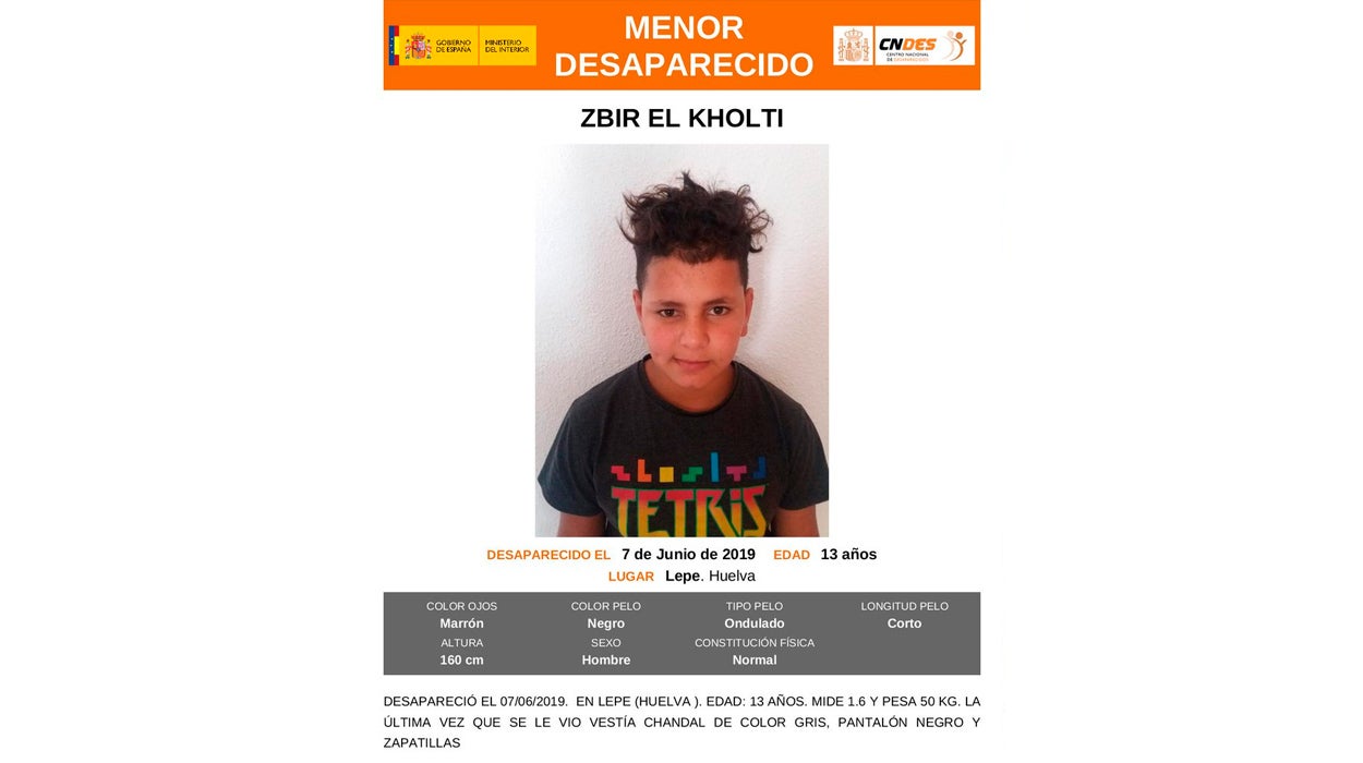 Buscan a un menor extranjero no acompañado de 13 años desaparecido en Lepe desde el pasado 7 de junio Buscan a un menor extranjero no acompañado de 13 años desaparecido en Lepe desde el pasado 7 de junio