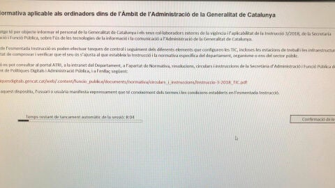 Mensaje que aparec&iacute;a en los ordenadores de los jueces de Catalu&ntilde;a
