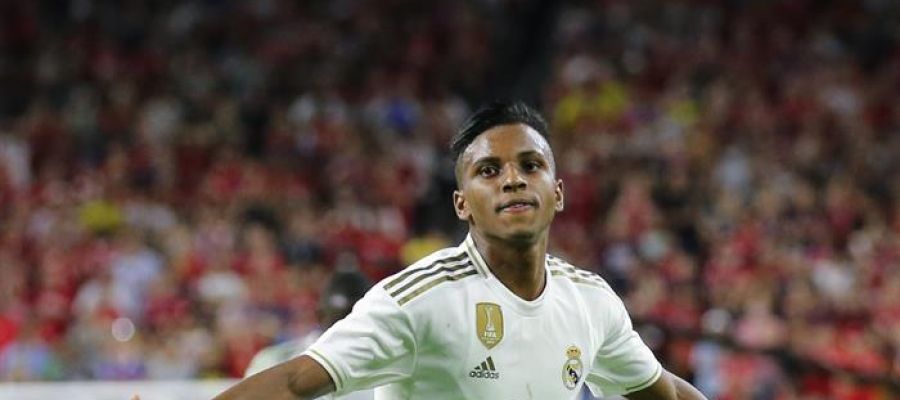 Rodrygo celebra su primer gol con la camiseta del Real Madrid. Rodrygo celebra su primer gol con la camiseta del Real Madrid.