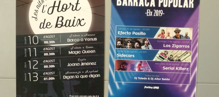 Carteles con las actuaciones en la Barraca Municipal y el Hort de Baix Carteles con las actuaciones en la Barraca Municipal y el Hort de Baix