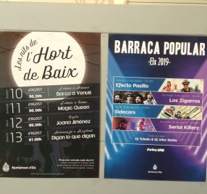 Carteles con las actuaciones en la Barraca Municipal y el Hort de Baix Carteles con las actuaciones en la Barraca Municipal y el Hort de Baix