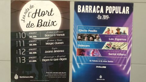 Carteles con las actuaciones en la Barraca Municipal y el Hort de Baix