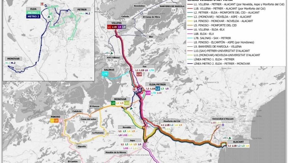 Plano con rutas proyectadas en el nuevo servicio de transporte en las comarcas del Medio y Alto Vinalopó.