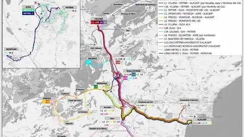 Plano con rutas proyectadas en el nuevo servicio de transporte en las comarcas del Medio y Alto Vinalopó. Plano con rutas proyectadas en el nuevo servicio de transporte en las comarcas del Medio y Alto Vinalopó.