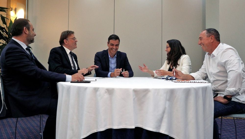 Reunión entre Pedro Sánchez, José Luis Ábalos y Ximo Puig con Mónica Oltra y Joan Baldoví