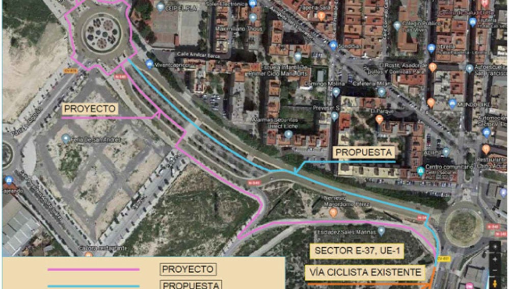 Plano con las indicaciones sobre la propuesta de ampliación del carril bici.