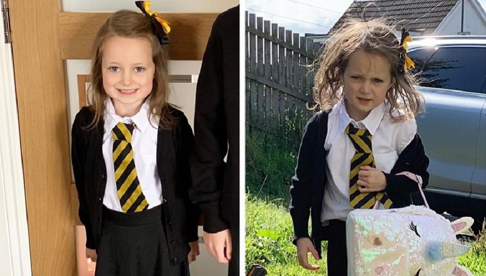 Fotos de una niña en su primer día de colegio 