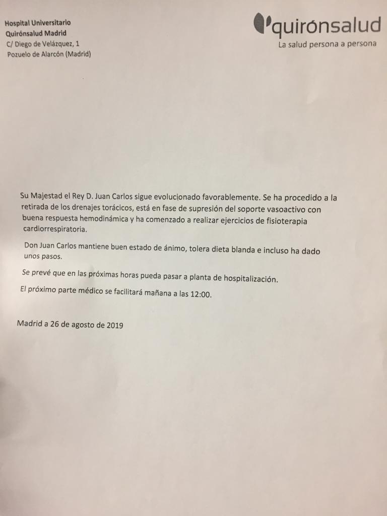 El Rey Juan Carlos pasará a planta "en las próximas horas" El Rey Juan Carlos pasará a planta "en las próximas horas"