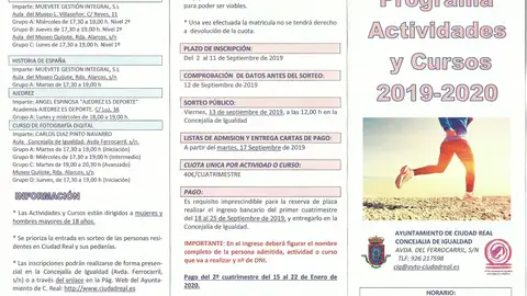 El lunes se abre el plazo de inscripción para las actividades y cursos de la Concejalía de Igualdad El lunes se abre el plazo de inscripción para las actividades y cursos de la Concejalía de Igualdad