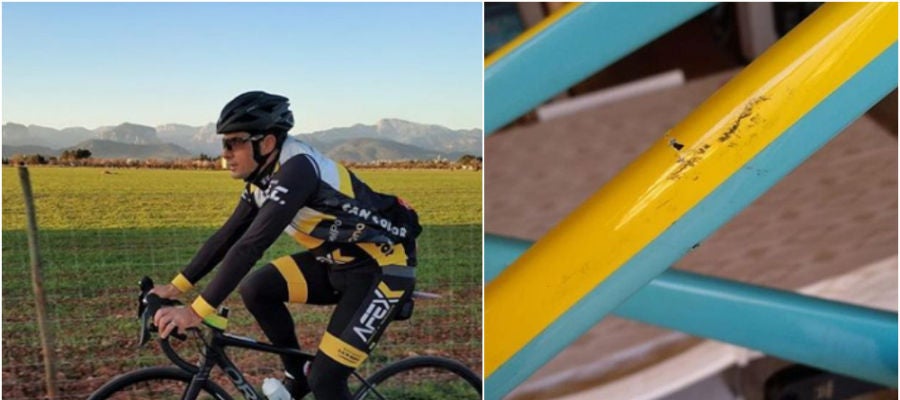 Carlos López enseña su bicicleta rota Carlos López enseña su bicicleta rota
